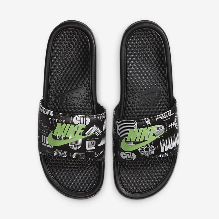 Nike Benassi JDI Papucs Férfi Fekete Fekete Fehér Zöld | HU4256981